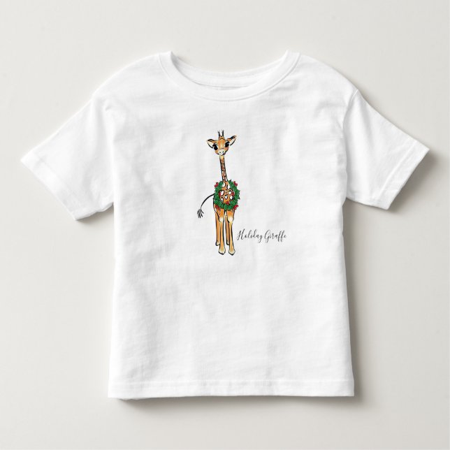 Camiseta Festivo Holiday Giraffe com Holly Wreath (Frente)