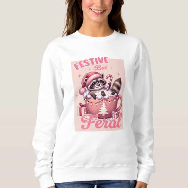 Camiseta Festivo mas Feral Raccoon Rosa Natal (Frente)