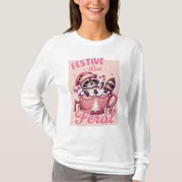 Camiseta Festivo mas Feral Raccoon Rosa Natal