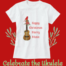 Camiseta Festivo Ukulele Feliz Música de Feliz de Natal