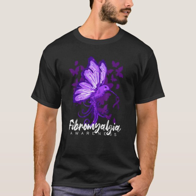 Camiseta Fibromyalgia Awareness Hummingbird Holding Purple  (Frente)