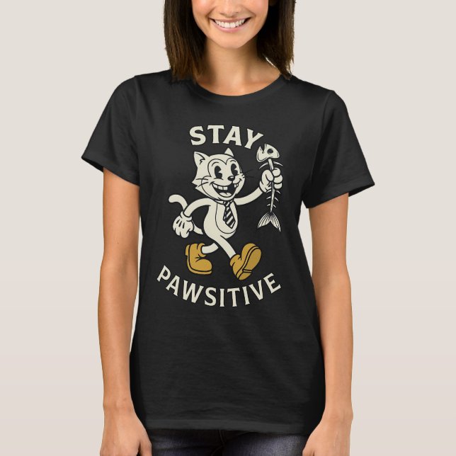 Camiseta Ficar Pawsitivo Cartoon Retro de Gato Peixe Vintry (Frente)