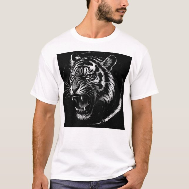 Camiseta Fierce Tiger Roar – Monochrome Ink Style (Frente)