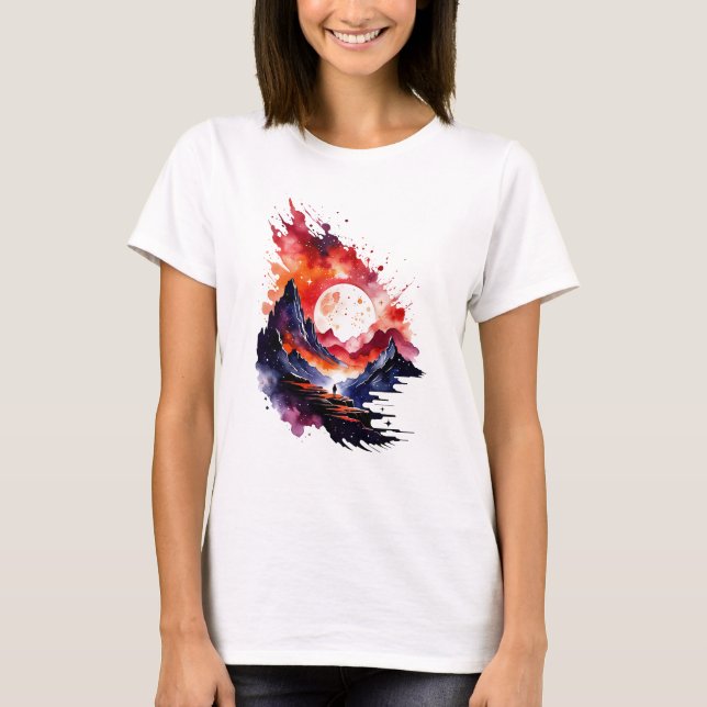 Camiseta Fiery Abstrato Watercolor Fantasy Landscape (Frente)