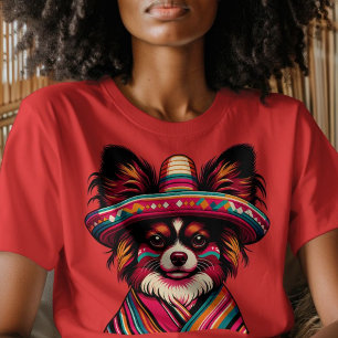 Camiseta Fiesta Papillon Dog Vestindo Sombrero e Sarape