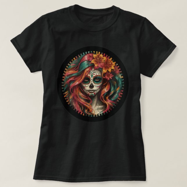 Camiseta Fiesta Skull Women's Tee - Orange & Teal (Frente do Design)