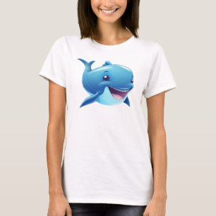 Camiseta Figura da Baleia Azul de Cartoon Sorridente e Boni