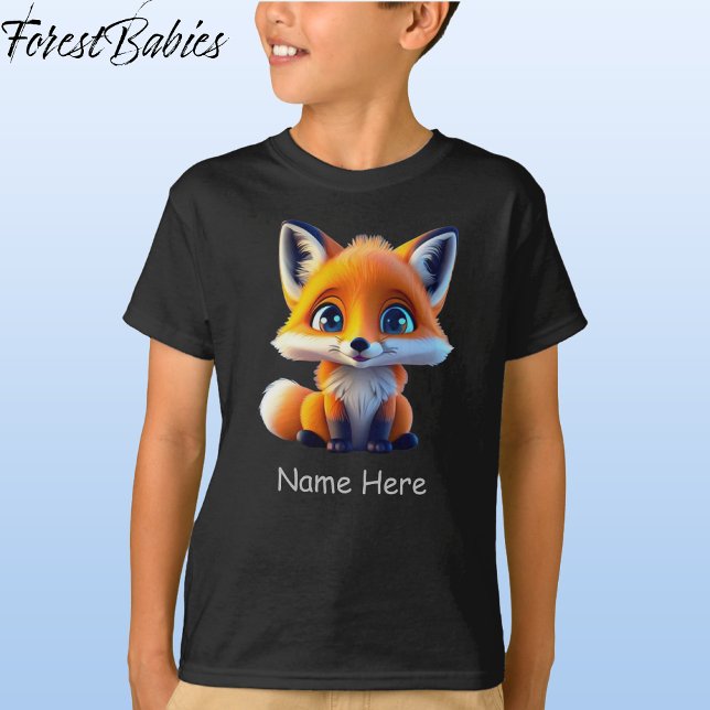 Camiseta Filhos de Raposa-Bebê Cachorro de animais selvagen (🦊 Red Fox, Black Customizable ForestBabies T-shirt - Front)