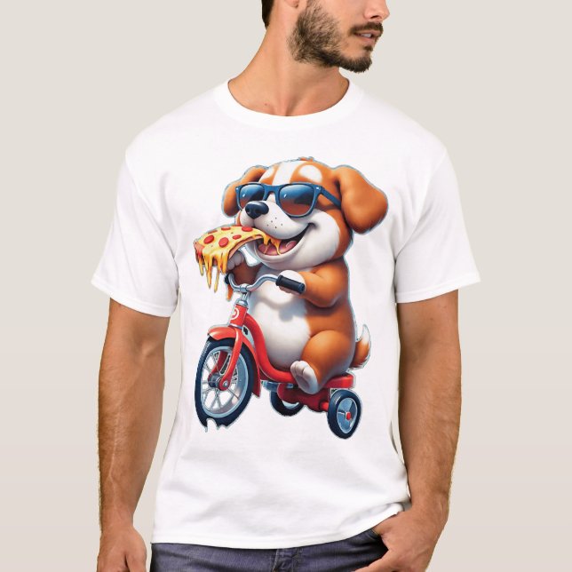 Camiseta filhote andando de bicicleta comendo pizza (Frente)