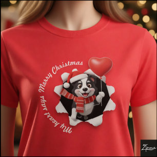 Camiseta Filhote de Border Collie Cachecol Coração de Natal