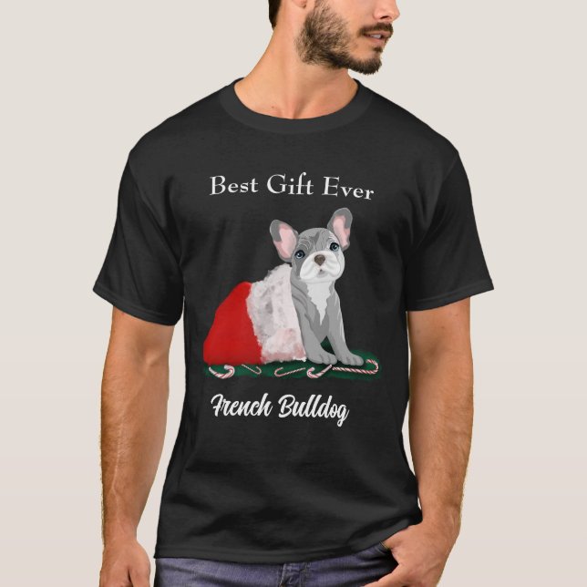 Camiseta Filhote de Bulldog Francês com Chapéu de Papai Noe (Frente)