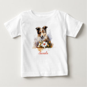 Camiseta Filhote de cão de pastor Shetland Pet Aguarela Flo