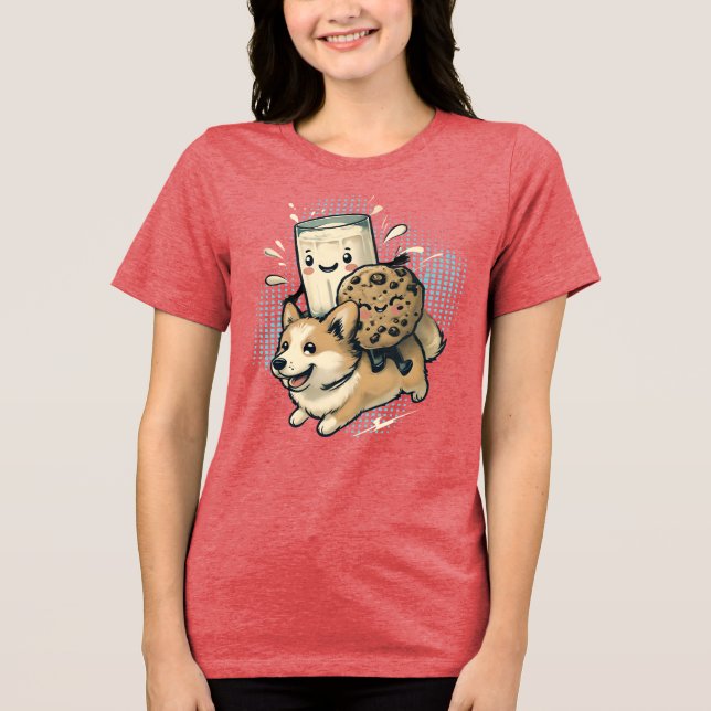 Camiseta Filhote de corgi feliz e fofo com leite e biscoito (Frente)