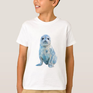 Camiseta Filhote de Foca Azul Mármore Aquarela Infantil