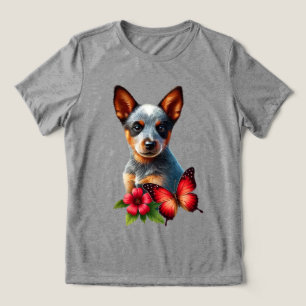 Camiseta Filhote de Heeler Fofo com Borboleta e Flor 