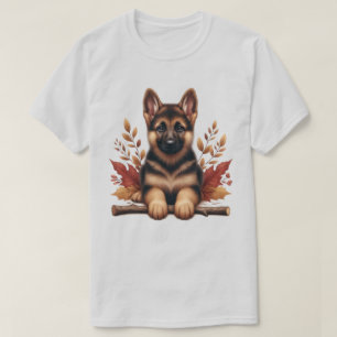 Camiseta Filhote de Pastor Alemão com Folhas de Outono