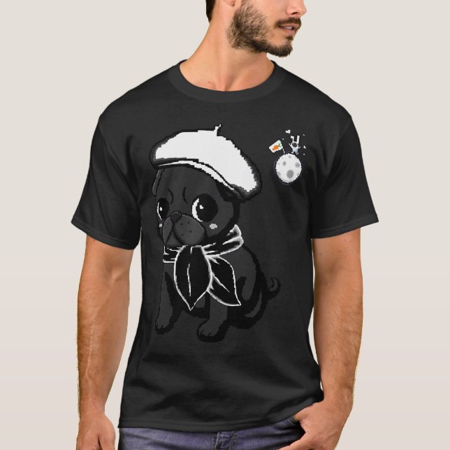Camiseta Filhote de Pug Preto Lua e Coelho Pixel Art (Frente)