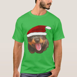 Camiseta Filhote de Rottweiler Fofo Usando Chapéu de Natal