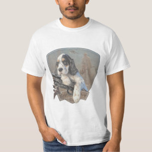 Camiseta Filhote de Setter Inglês com uma espingarda clássi
