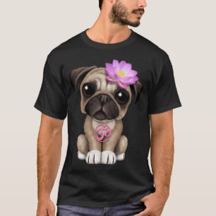 Camiseta Filhote Pug Zen com Símbolo Om de Ioga Rosa