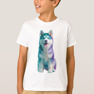 Camiseta Filhotes de Husky com Aquarela Azul e Roxo