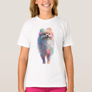Camiseta Filhotes de Pomerânia Manchados de Arco-íris para 