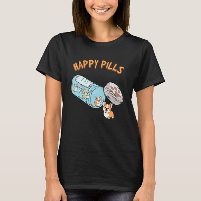 Camiseta Filhotes Pílulas Felizes Corgi Fofo Felicidade Cãe (Frente)