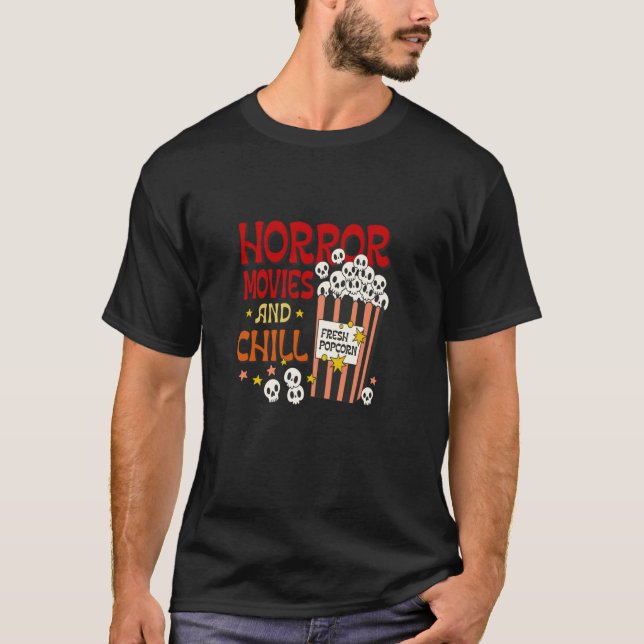Camiseta Filmes De Horror E Pipoca De Crânio Enchido Engraç (Frente)