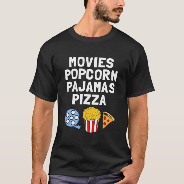 Camiseta Filmes Viciado em Pipoca Roupas de Cama Pizza (Frente)