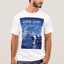 Camiseta Fim de Jogo. Peças de xadrez em paisagem planetári