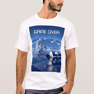 Camiseta Fim de Jogo. Peças de xadrez em paisagem planetári