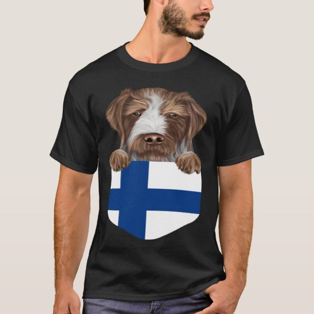 Camiseta Finland Flag German Wirehaired Pointer Dog In Pock (Frente)