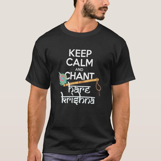Camiseta Fique calmo e brinque Krishna Mantra cantando H (Frente)