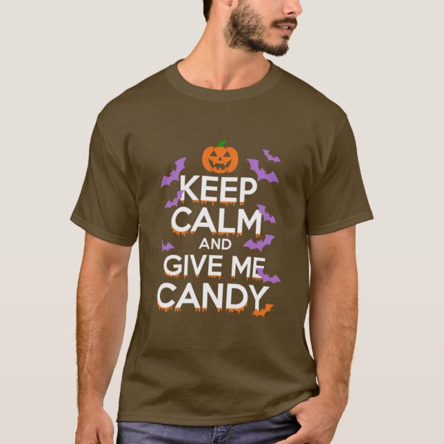 Camiseta Fique calmo e me dê doces diversão e Dia Festivo (Frente)