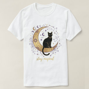 Camiseta Fique Mágico Gato Preto Lua Celestial Witchy 