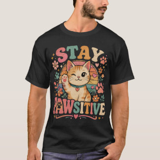 Camiseta Fique Pawsitivo Retro Gato Vibrações Positivas