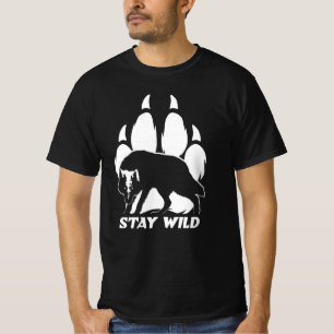 Camiseta Fique selvagem - silhueta de lobo e pegada