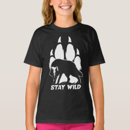 Camiseta Fique selvagem - silhueta de lobo e pegada