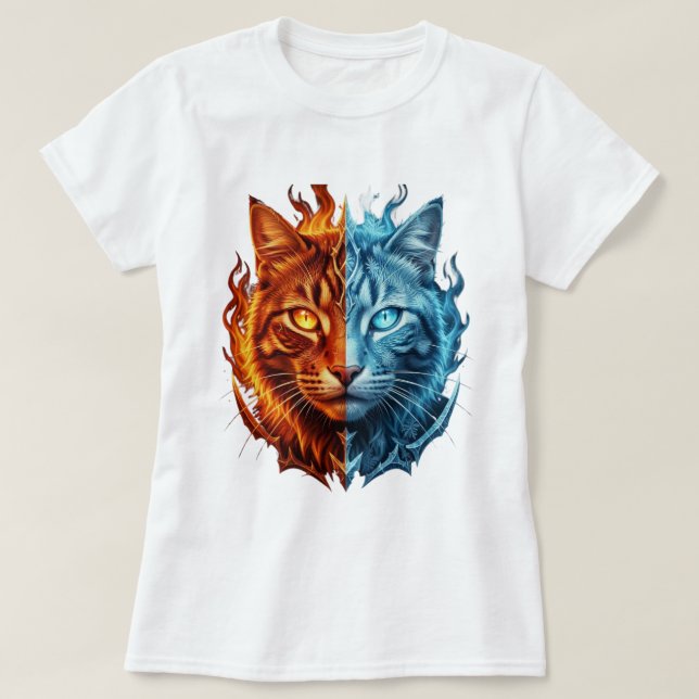 Camiseta Fire and Ice Cat – Split Elemental Cat Face | (Frente do Design)