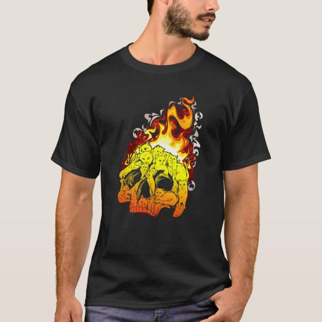 Camiseta Fire Cat Burning Head Skull Head Bone Skull   (Frente)