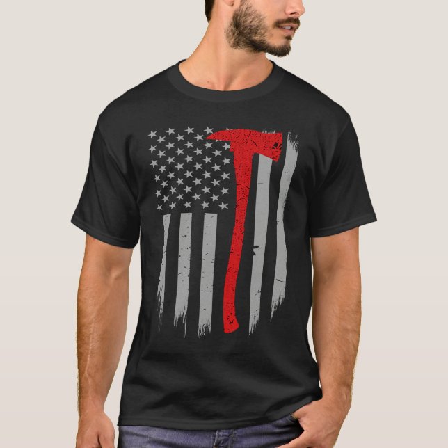 Camiseta Firefighter Flag  Thin Red Line Firefighter Axe (Frente)