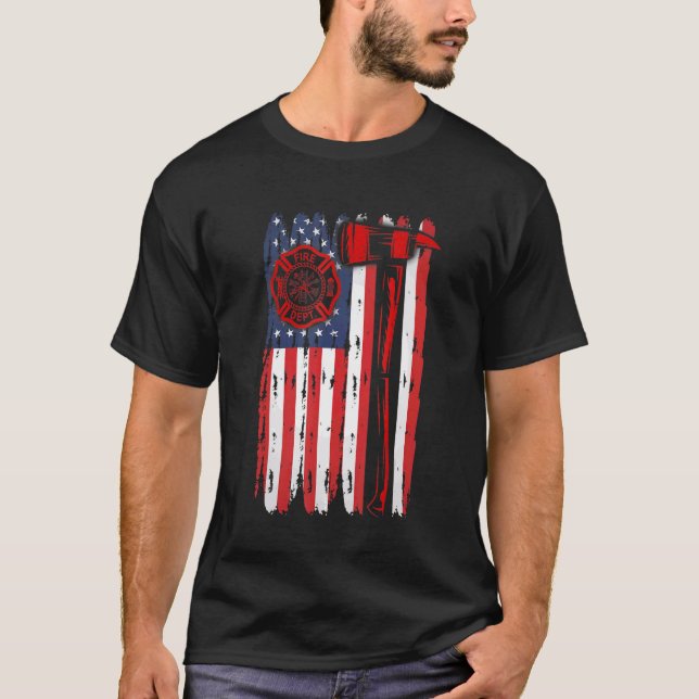 Camiseta Fireman American Flag Graphics Firefighter Labor D (Frente)