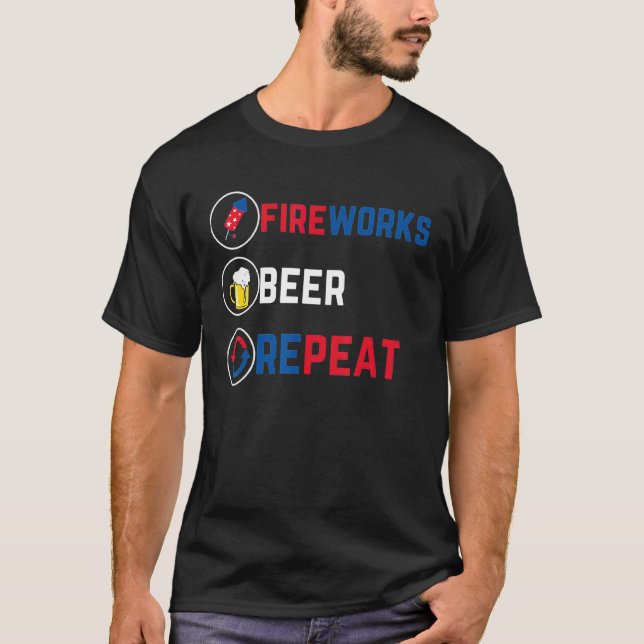 Camiseta Fireworks Beer Repete 4 de julho Fogos de artifíci (Frente)