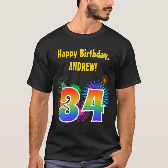 Camiseta Fireworks divertido + Rainbow Pattern "34" Anivers (Frente)