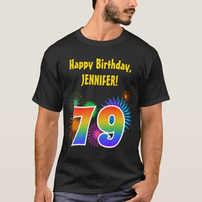 Camiseta Fireworks divertido + Rainbow Pattern "79" Anivers (Frente)