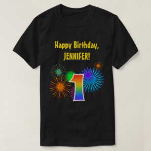 Camiseta Fireworks divertido + Rainbow Patterno "1" Anivers
