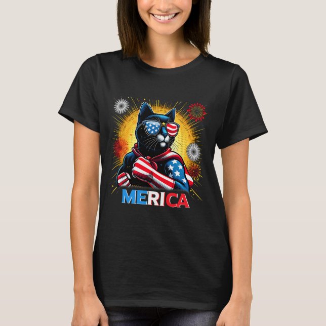 Camiseta Fireworks Nos Flag Patriótico Black Cat (Frente)