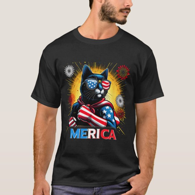 Camiseta Fireworks Nos Flag Patriótico Black Cat (Frente)