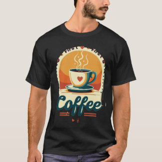 Camiseta First Coffee | Vintage Sunset Retro Heart Coffee