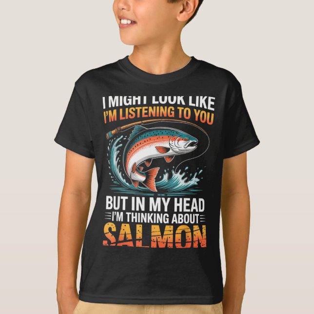 Camiseta Fisherman Fish Angler Thinking About Salmon Fishin (Frente)